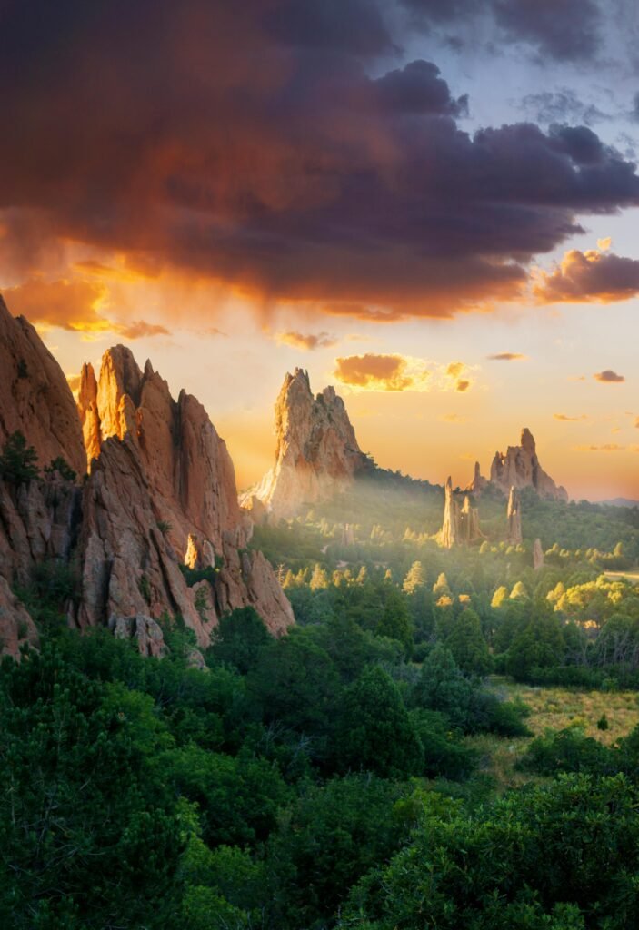 Scenic view of red rock formations during sunset at Garden of the Gods, Colorado.