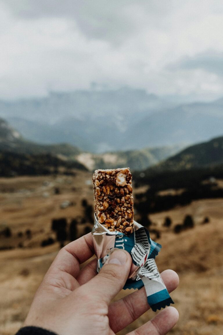 Person holding a cereal bar with a mountainous landscape in Trentino, Italy.