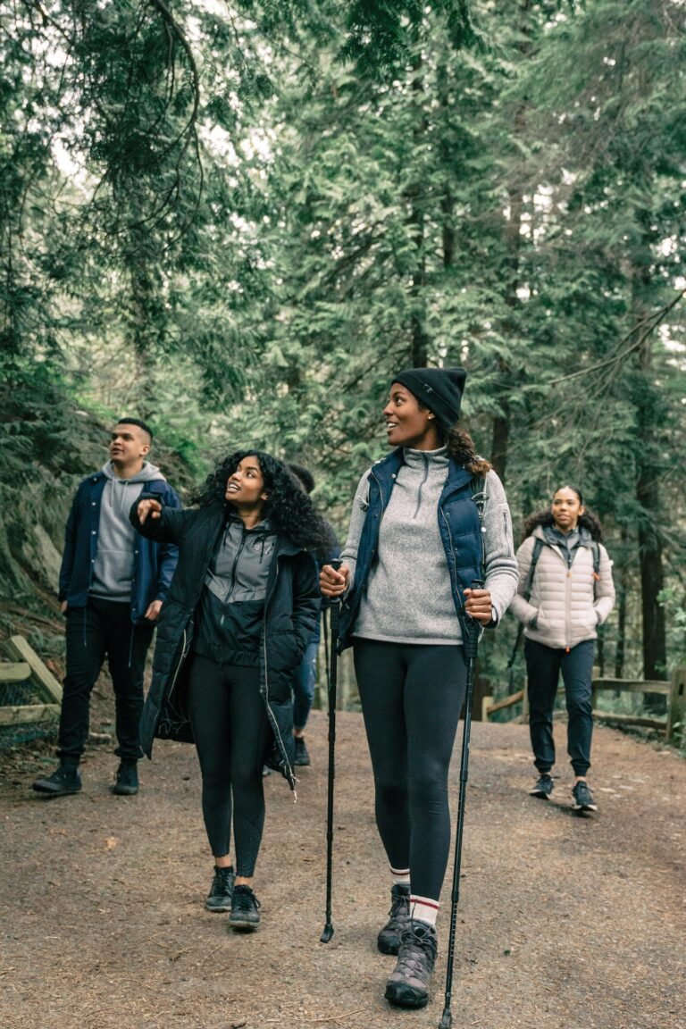 A group enjoying a hike through a lush green forest on a pleasant day.