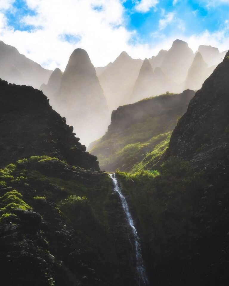 hiking, a waterfall in a valley