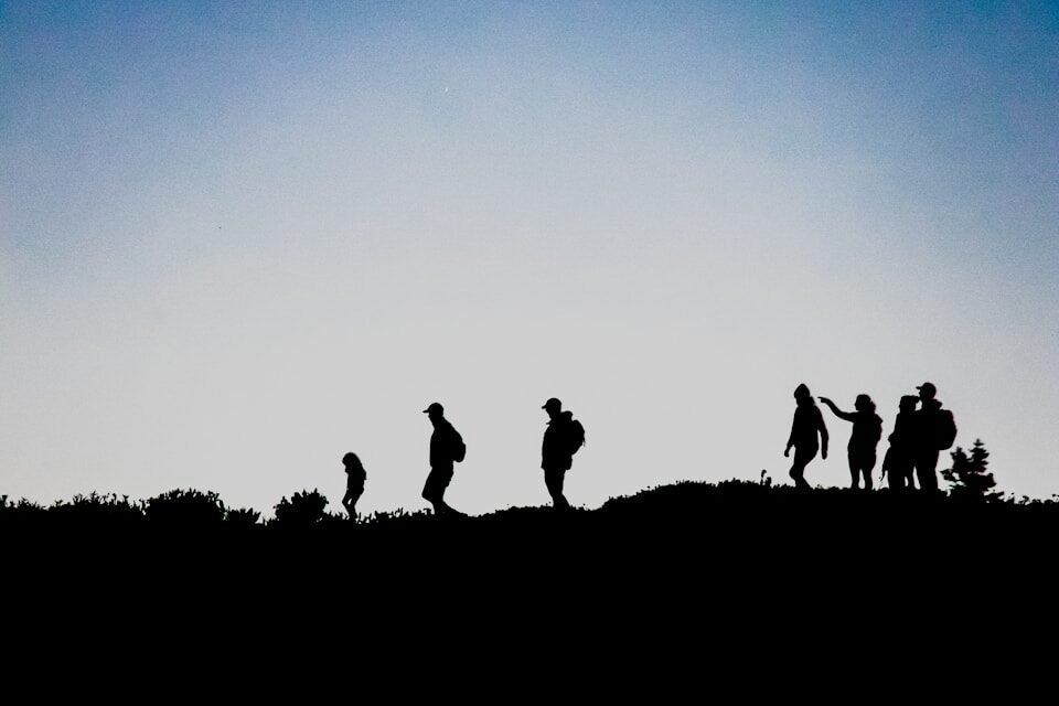 silhouette of people on top of hill during daytime
