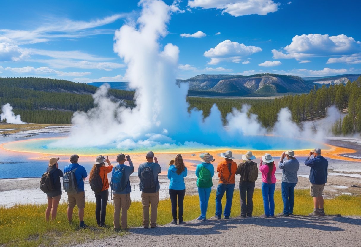 Yellowstone vacation planning. A group of tourists observing geysers and hot springs in Yellowstone National Park with mountains and a bison in the background.