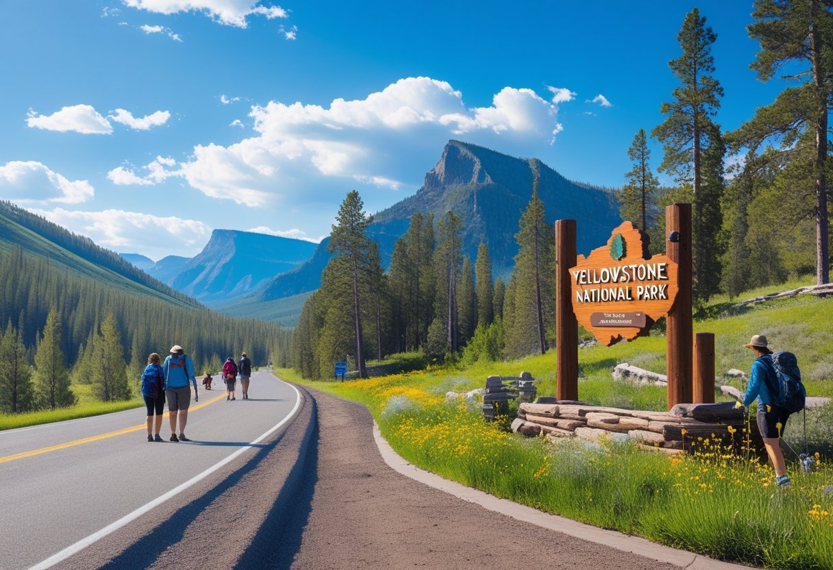 Scenic road leading into Yellowstone National Park with pine trees, mountains, and travelers near a park entrance sign.