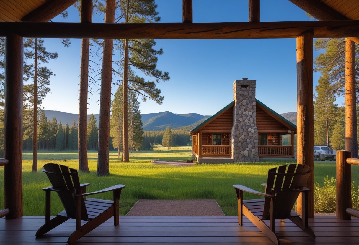 A rustic wooden cabin surrounded by pine trees and mountains under a clear blue sky.