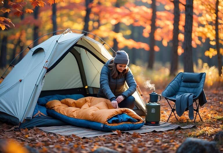 A fall campsite in a colorful autumn forest with a tent, camping gear, and a person preparing a sleeping bag surrounded by fallen leaves.