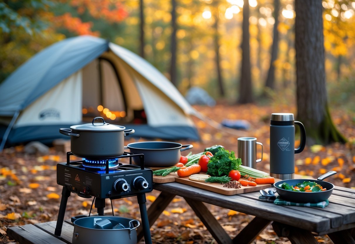A fall camping scene with upgraded cooking gear on a picnic table, fresh ingredients, and a portable stove surrounded by autumn trees and colorful leaves.