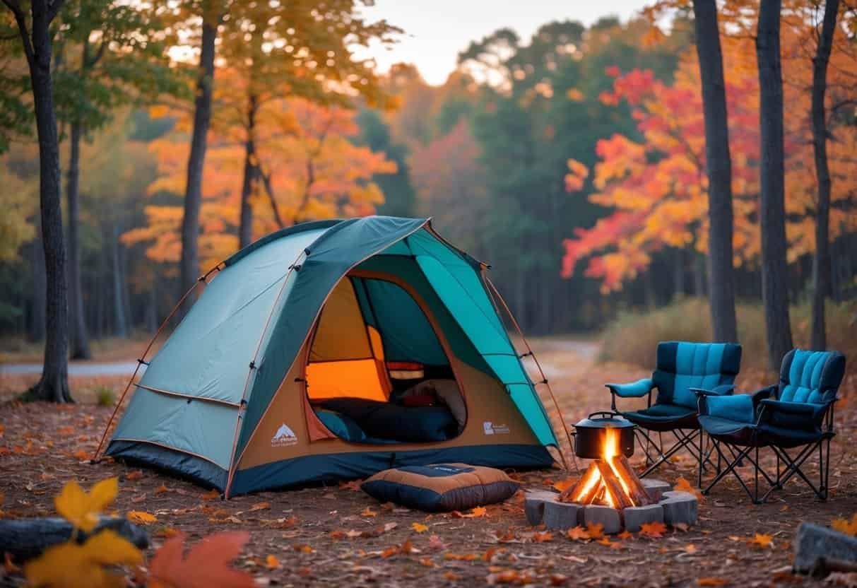 A fall campsite with a tent, campfire, sleeping bag, camping stove, and chairs with blankets surrounded by colorful autumn trees.
