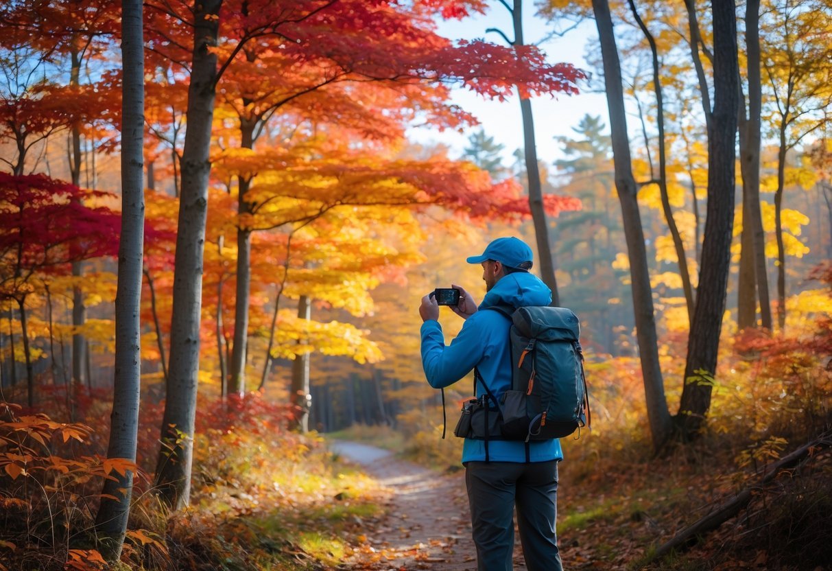 A hiker standing on a leaf-covered trail surrounded by colorful autumn trees, holding a camera to capture the fall foliage.