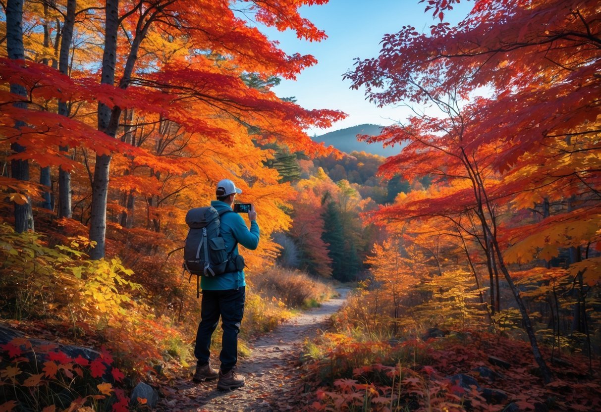 A hiker standing on a forest trail surrounded by colorful autumn leaves, holding a camera and looking at the vibrant fall foliage.