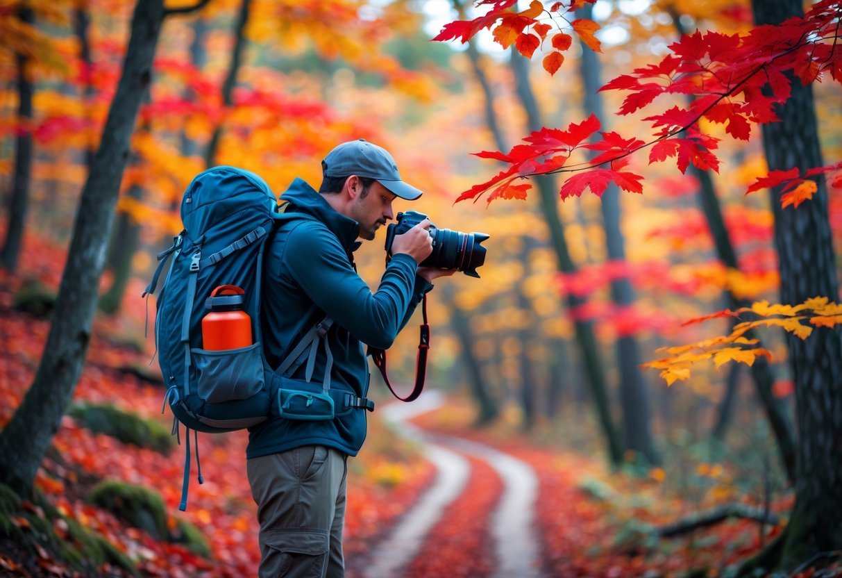 A hiker in an autumn forest with colorful fall leaves, holding a camera and preparing to take photos on a leaf-covered trail.