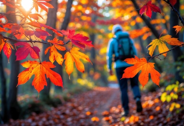 A hiker on a forest trail surrounded by colorful autumn leaves in red, orange, and yellow.