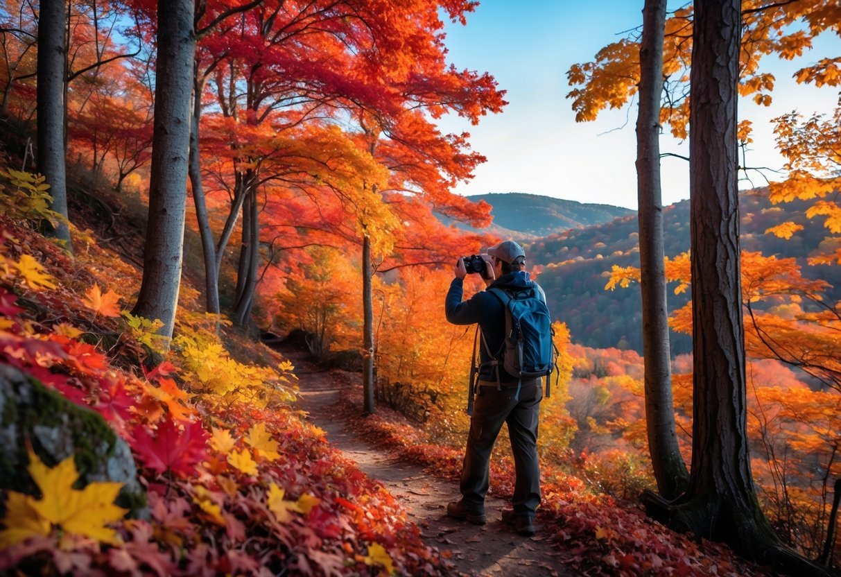 A hiker on a forest trail surrounded by colorful autumn leaves, holding a camera and taking photos.