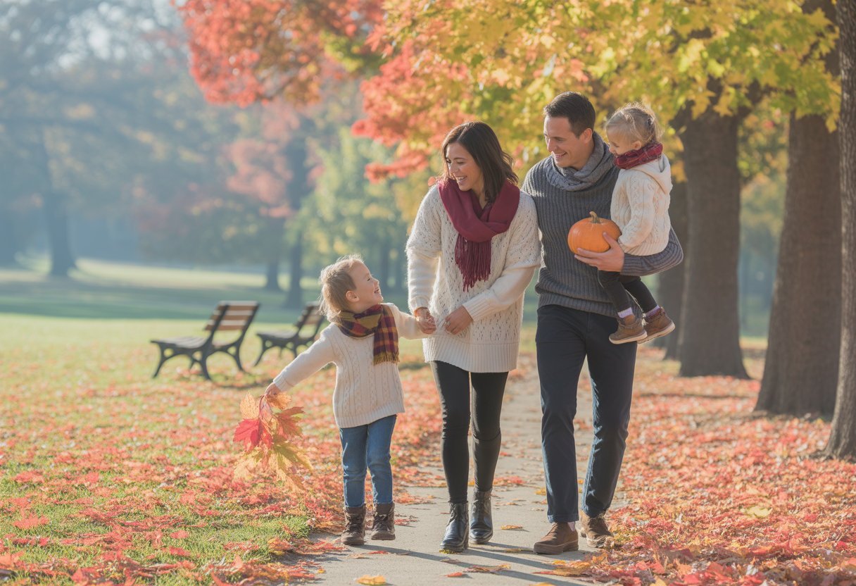 A family of four walking on a leaf-covered path surrounded by colorful autumn trees, enjoying time together outdoors.
