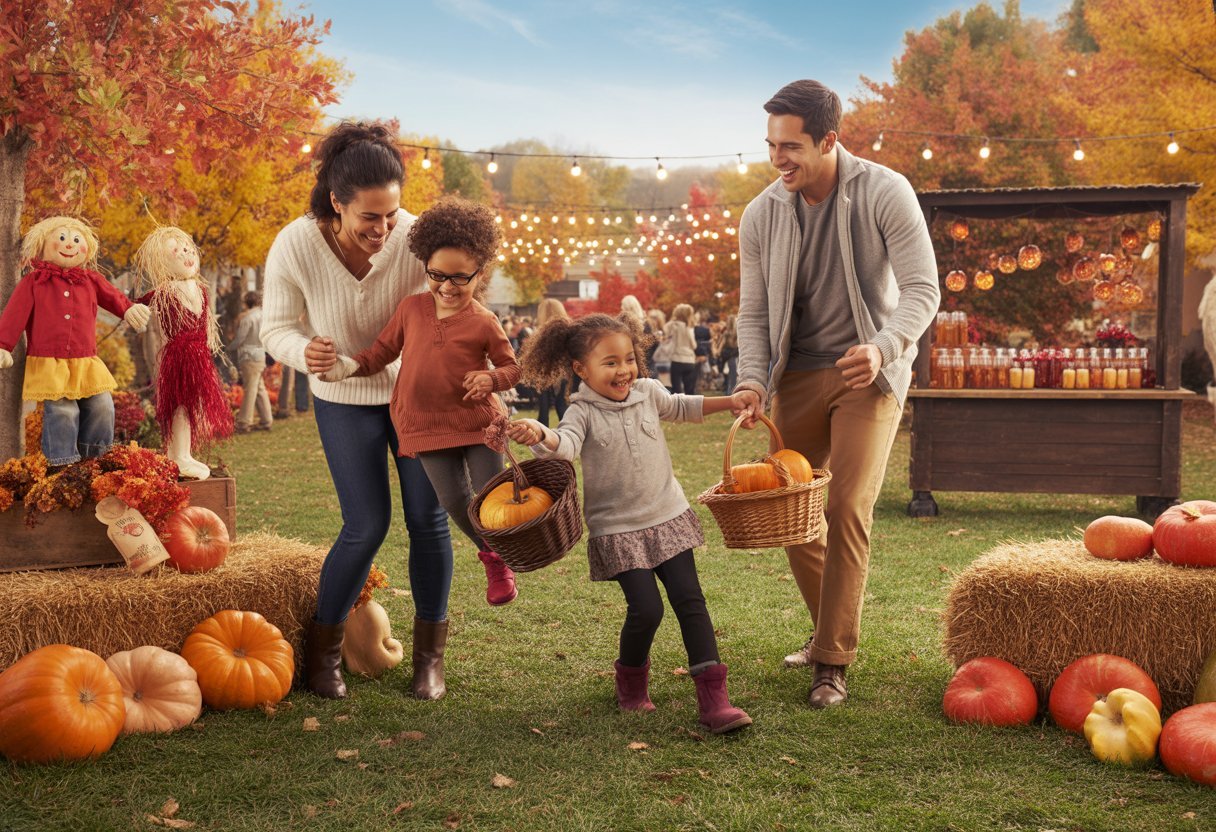 A family enjoying pumpkin picking and fall festival activities outdoors surrounded by colorful autumn trees.