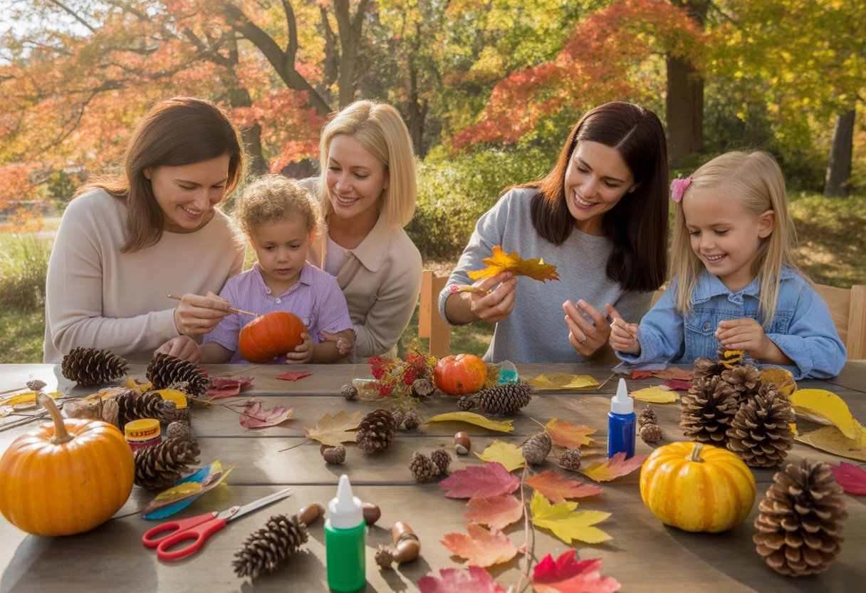 A family creating fall crafts together outdoors at a table surrounded by colorful autumn leaves.