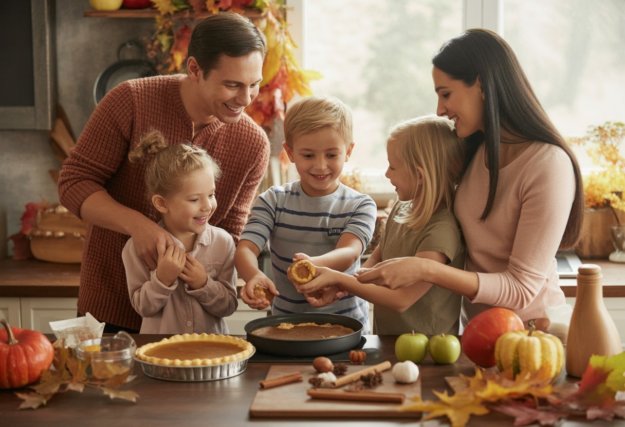 A family cooking and preparing seasonal fall treats together in a cozy kitchen decorated with autumn elements.