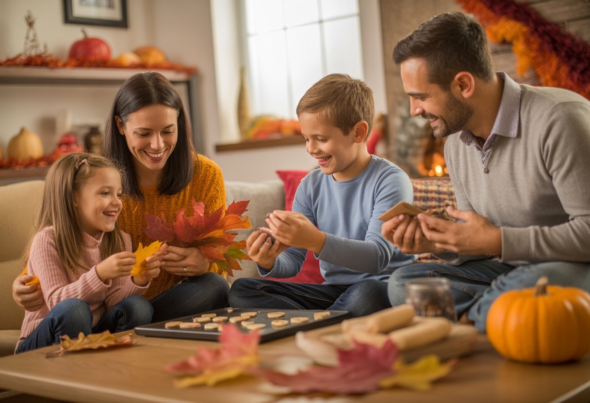A family of four enjoying fall activities together in a cozy living room decorated with pumpkins and autumn leaves.