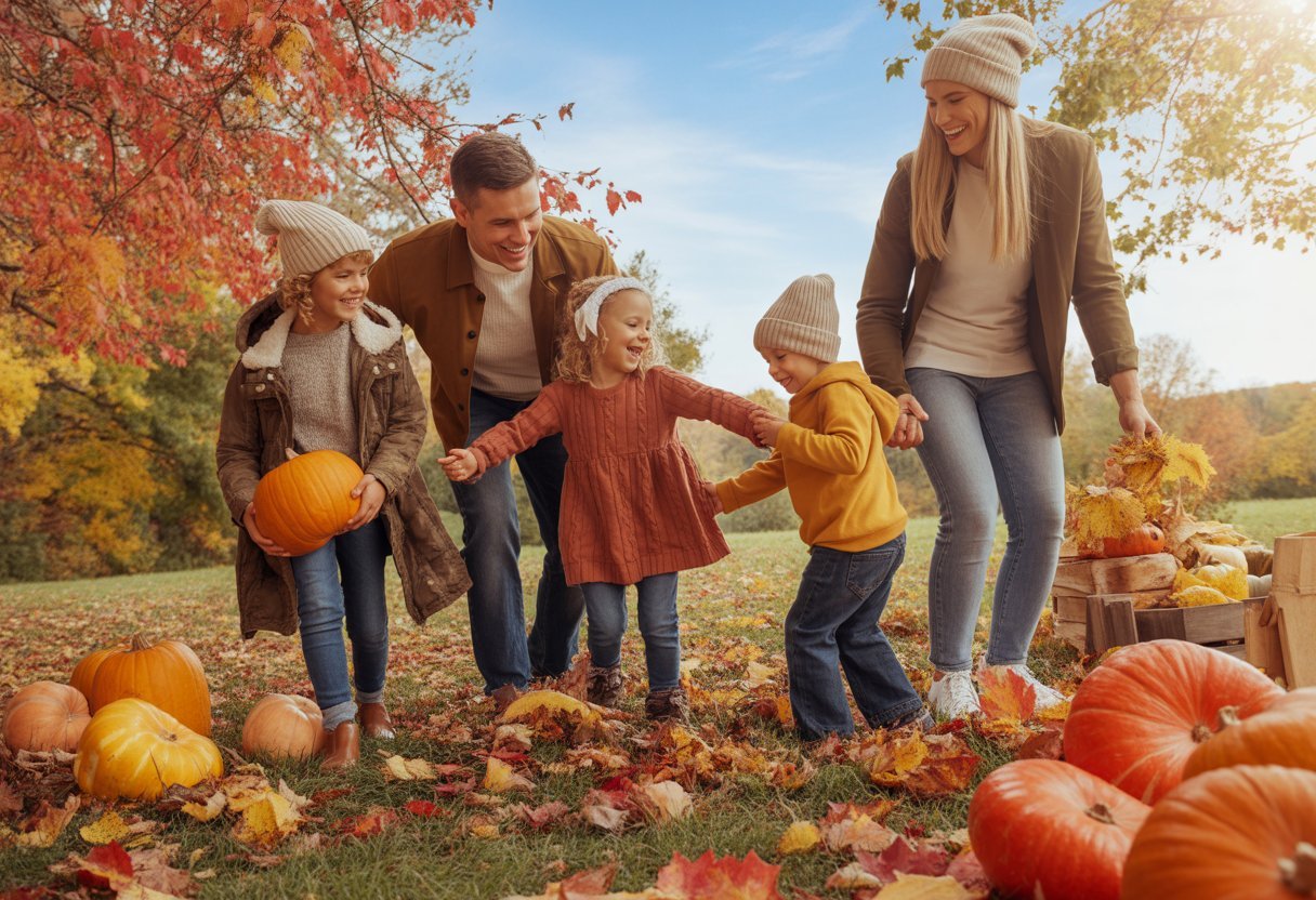A family enjoying fall activities outdoors among colorful autumn leaves and pumpkins.